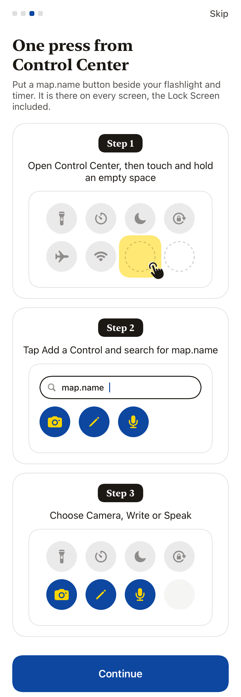 iOS illustrated steps for adding a map.name control to Control Center.