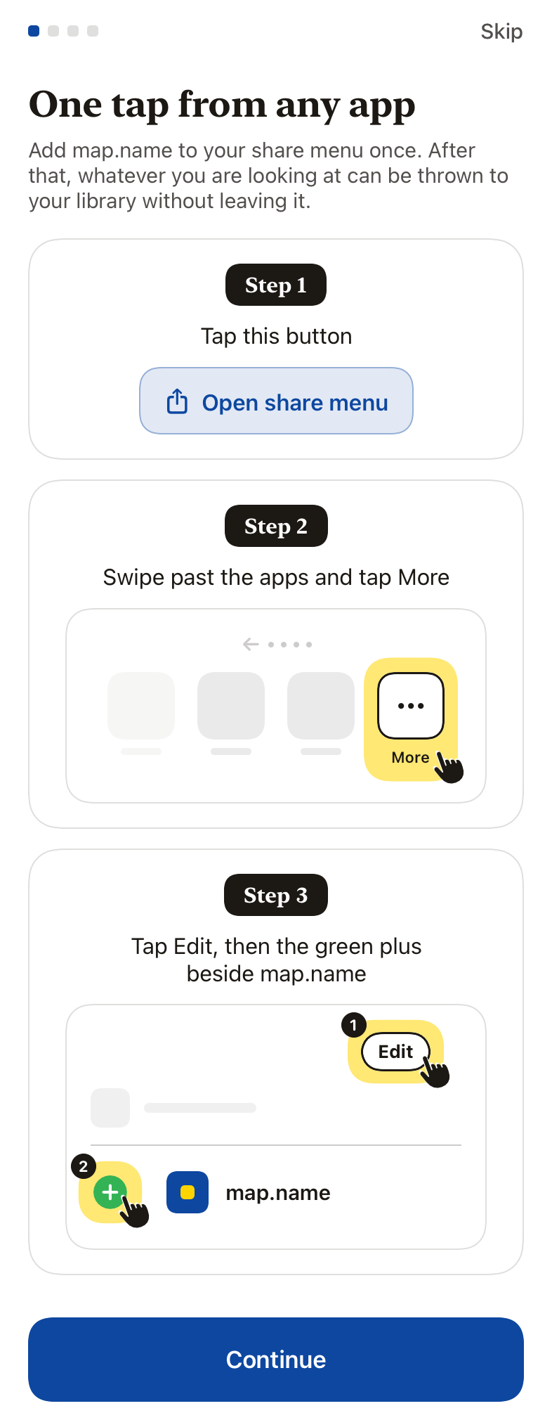 iOS illustrated steps: open the share menu, More, then Edit and the plus beside map.name.